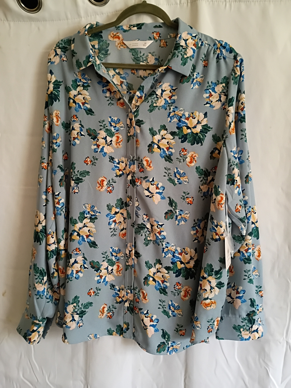 LC Lauren Conrad Sky Size 2x Blue Floral Blouse with Green and Orange Accents